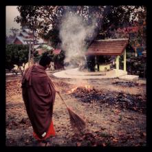 Helping sweep in the morning with monks